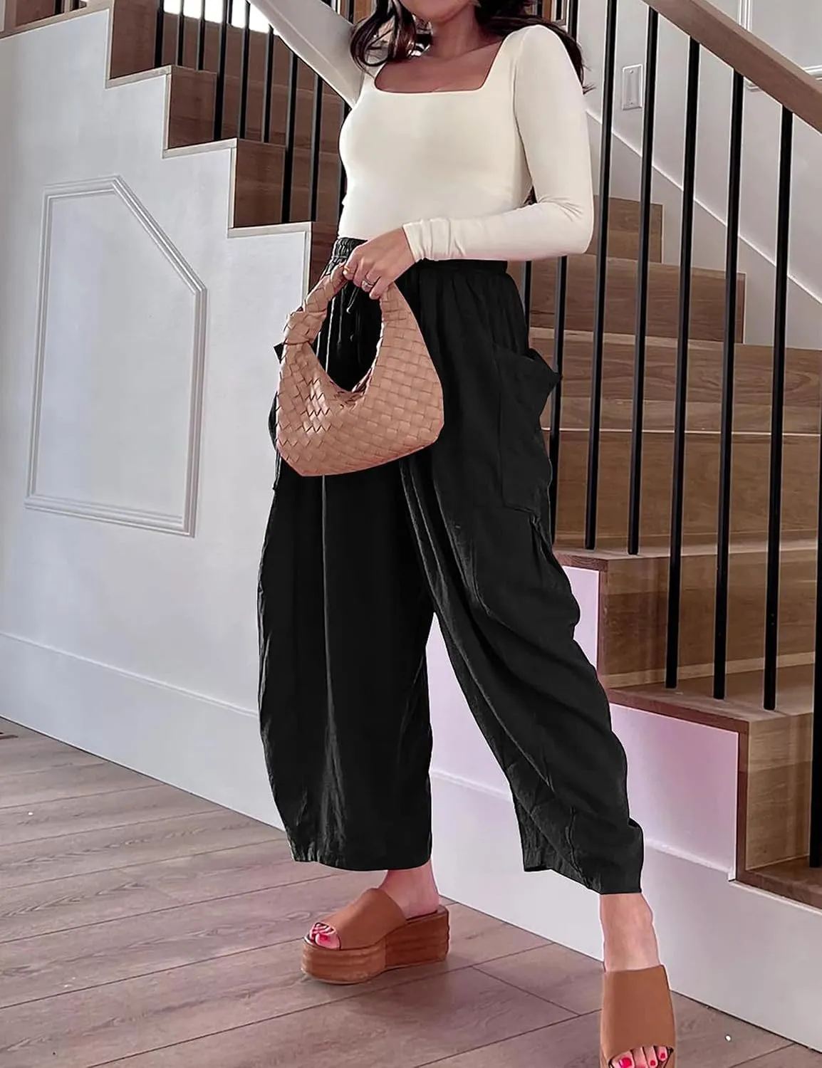 Bozanly Women's Wide Leg Loose Pants Casual High Waist Yoga Slacks Trousers with Drawstring