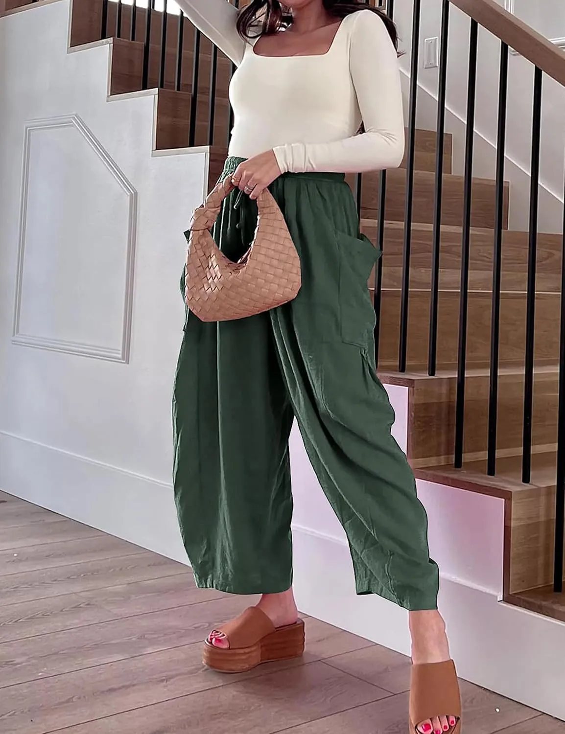 Bozanly Women's Wide Leg Loose Pants Casual High Waist Yoga Slacks Trousers with Drawstring
