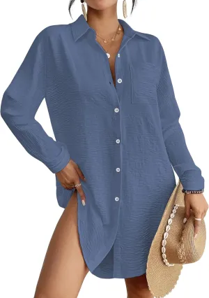 Bsubseach Swimsuit Coverup for Women Button Down Beach Cover Ups Long Sleeve Shirt Dress Modern Blouse Top