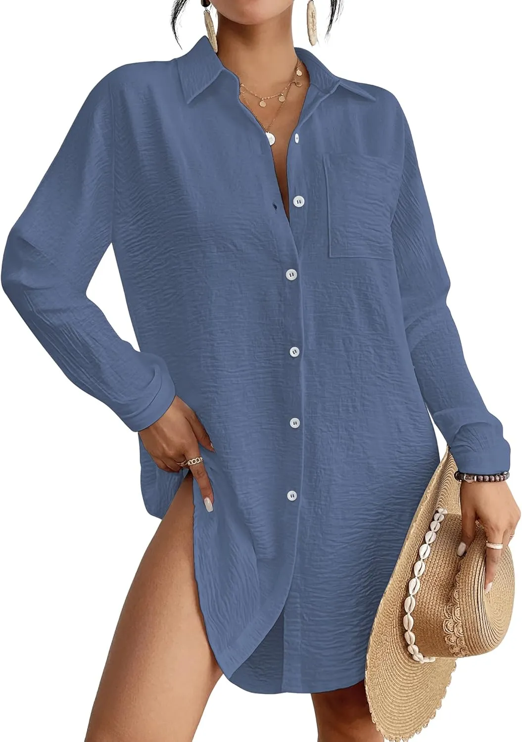 Bsubseach Swimsuit Coverup for Women Button Down Beach Cover Ups Long Sleeve Shirt Dress Modern Blouse Top