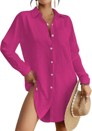Bsubseach Swimsuit Coverup for Women Button Down Beach Cover Ups Long Sleeve Shirt Dress Modern Blouse Top