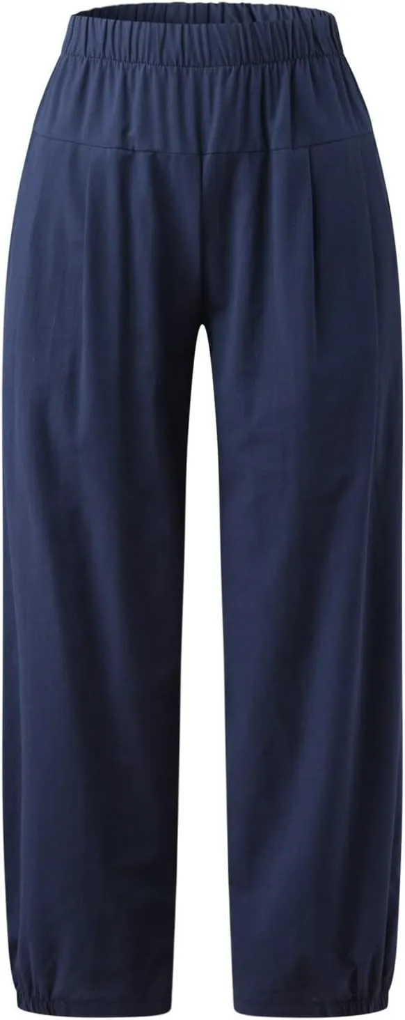 Capri Linen Pants for Womens Casual Elastic Waisted Cropped Baggy Trousers Yoga Comfy Loose Palazzo Lounge Pants