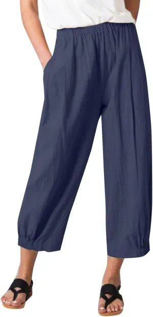 Capri Linen Pants for Womens Casual Elastic Waisted Cropped Baggy Trousers Yoga Comfy Loose Palazzo Lounge Pants