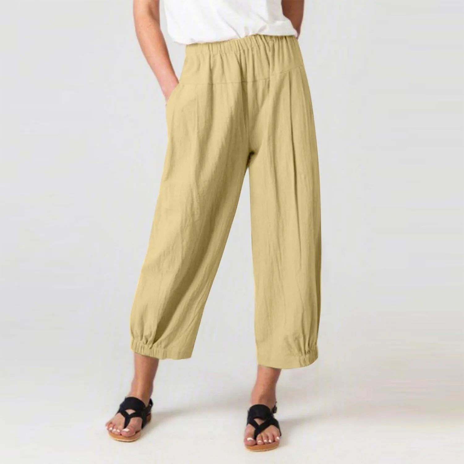 Capri Linen Pants for Womens Casual Elastic Waisted Cropped Baggy Trousers Yoga Comfy Loose Palazzo Lounge Pants