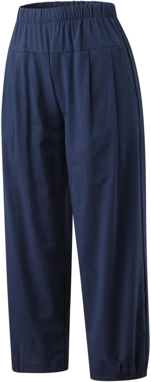 Capri Linen Pants for Womens Casual Elastic Waisted Cropped Baggy Trousers Yoga Comfy Loose Palazzo Lounge Pants