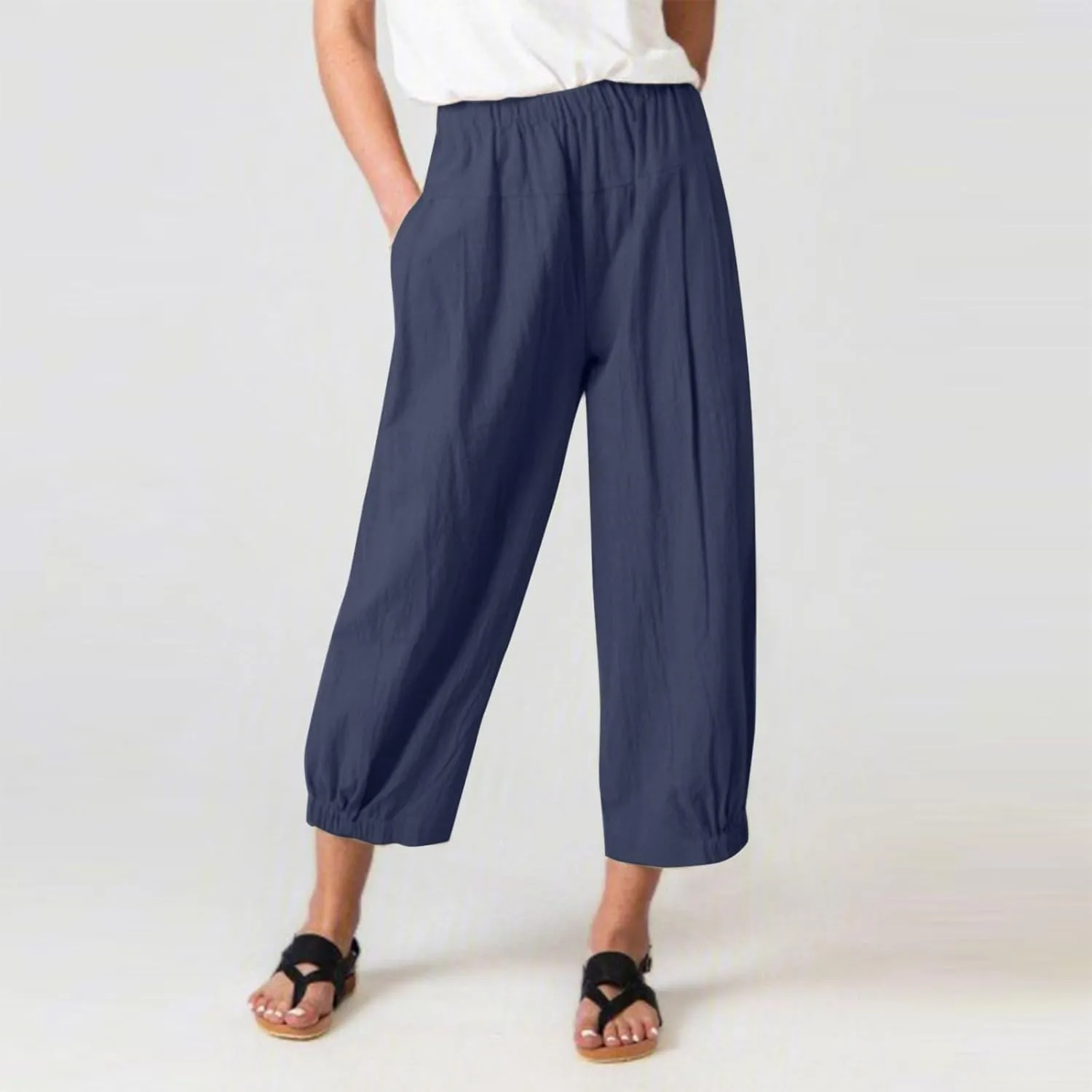 Capri Linen Pants for Womens Casual Elastic Waisted Cropped Baggy Trousers Yoga Comfy Loose Palazzo Lounge Pants