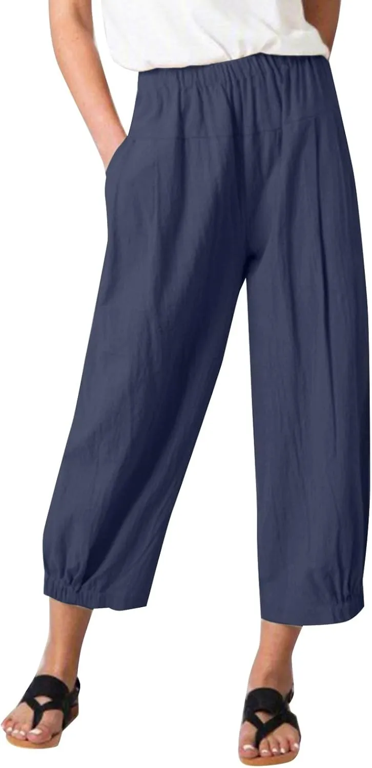 Capri Linen Pants for Womens Casual Elastic Waisted Cropped Baggy Trousers Yoga Comfy Loose Palazzo Lounge Pants