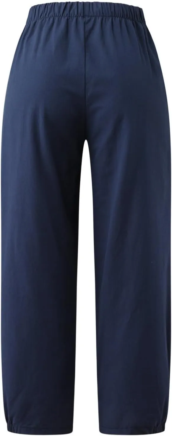 Capri Linen Pants for Womens Casual Elastic Waisted Cropped Baggy Trousers Yoga Comfy Loose Palazzo Lounge Pants