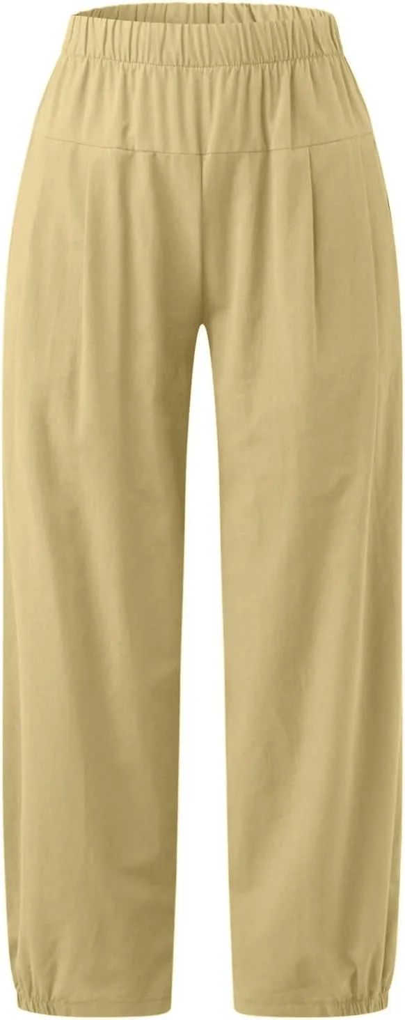 Capri Linen Pants for Womens Casual Elastic Waisted Cropped Baggy Trousers Yoga Comfy Loose Palazzo Lounge Pants