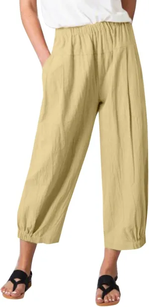 Capri Linen Pants for Womens Casual Elastic Waisted Cropped Baggy Trousers Yoga Comfy Loose Palazzo Lounge Pants