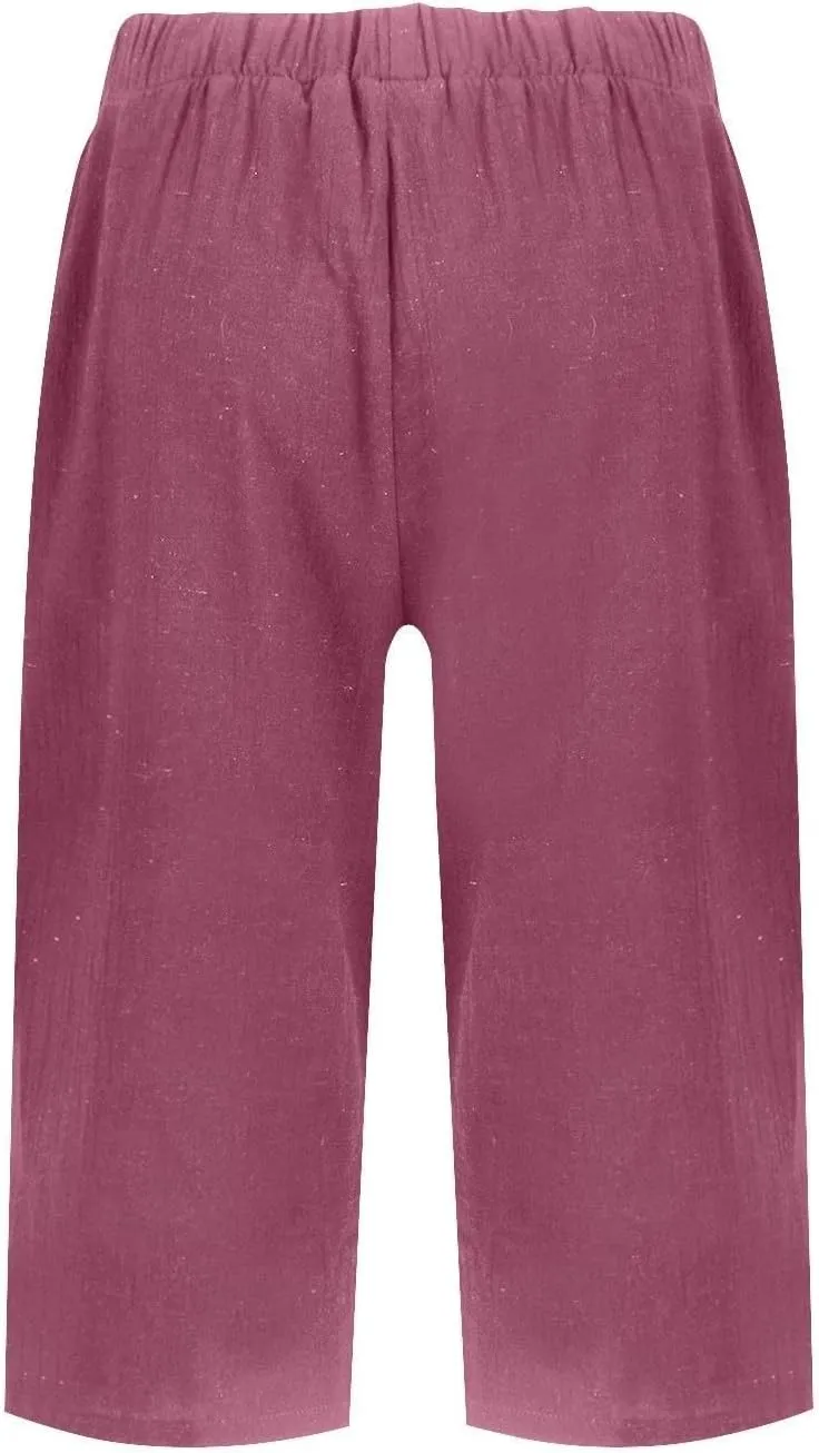 Capri Pants for Women Casual Linen Summer Elastic Waist Pant Straight Solid Wide Leg Workout Trouser with Pocket