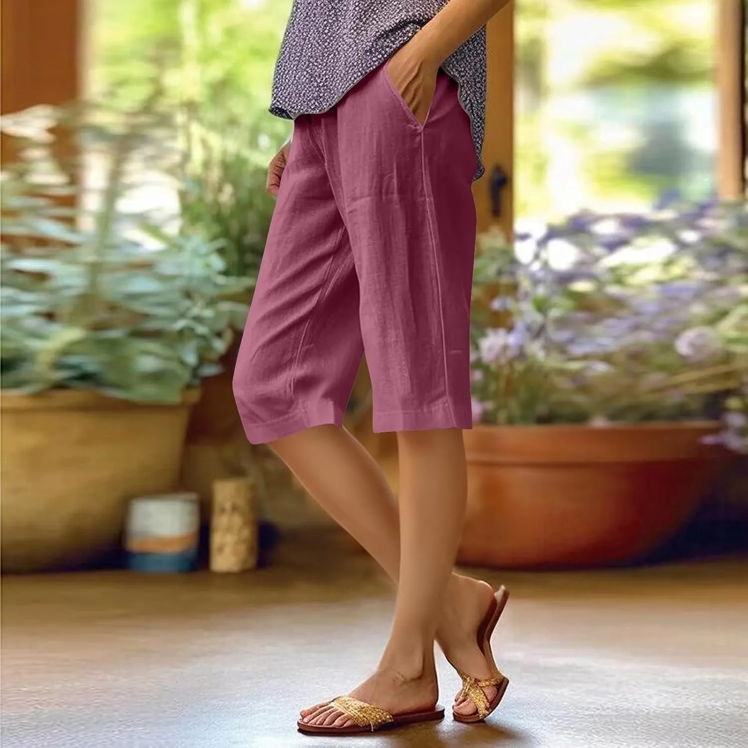 Capri Pants for Women Casual Linen Summer Elastic Waist Pant Straight Solid Wide Leg Workout Trouser with Pocket