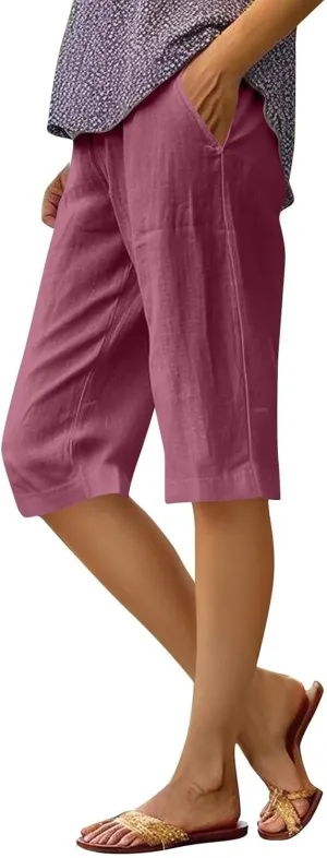 Capri Pants for Women Casual Linen Summer Elastic Waist Pant Straight Solid Wide Leg Workout Trouser with Pocket