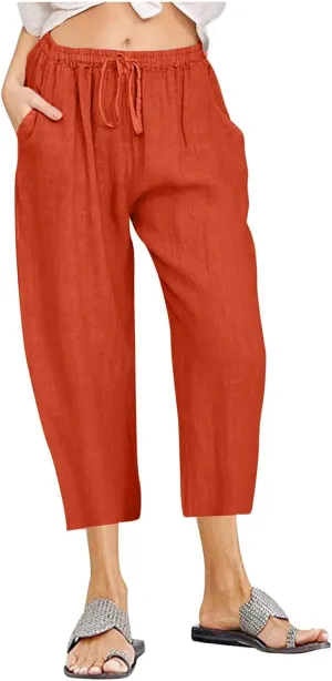Capri Pants for Women Summer Cotton Linen Capris Drawstring Elastic High Waist Pants Wide Leg Cropped Trouser