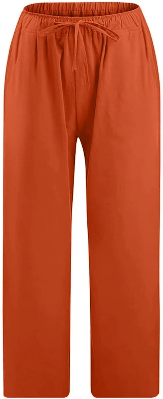 Capri Pants for Women Summer Cotton Linen Capris Drawstring Elastic High Waist Pants Wide Leg Cropped Trouser