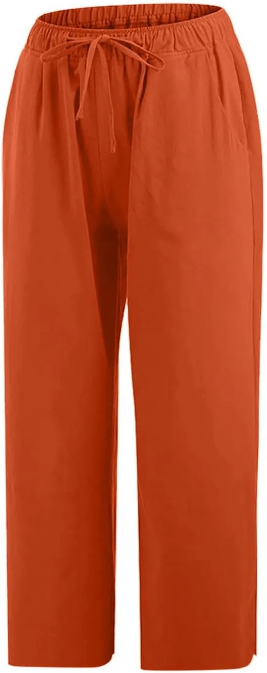 Capri Pants for Women Summer Cotton Linen Capris Drawstring Elastic High Waist Pants Wide Leg Cropped Trouser