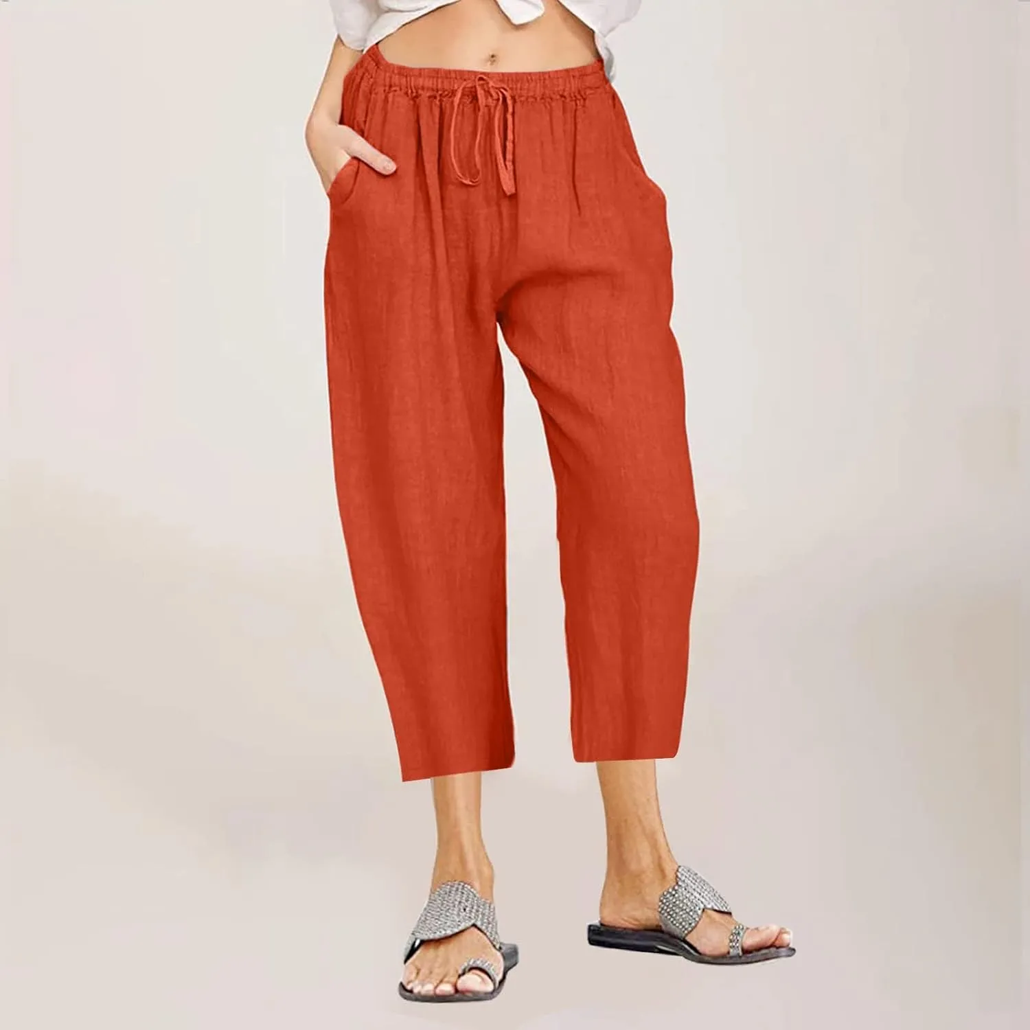 Capri Pants for Women Summer Cotton Linen Capris Drawstring Elastic High Waist Pants Wide Leg Cropped Trouser