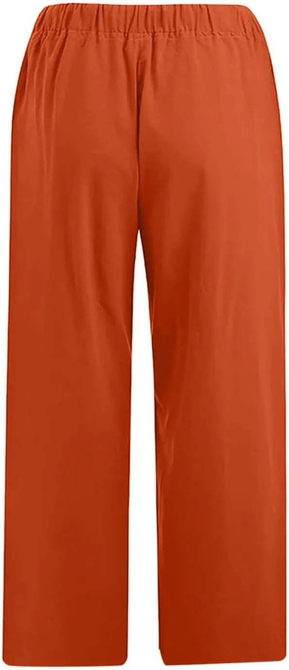 Capri Pants for Women Summer Cotton Linen Capris Drawstring Elastic High Waist Pants Wide Leg Cropped Trouser
