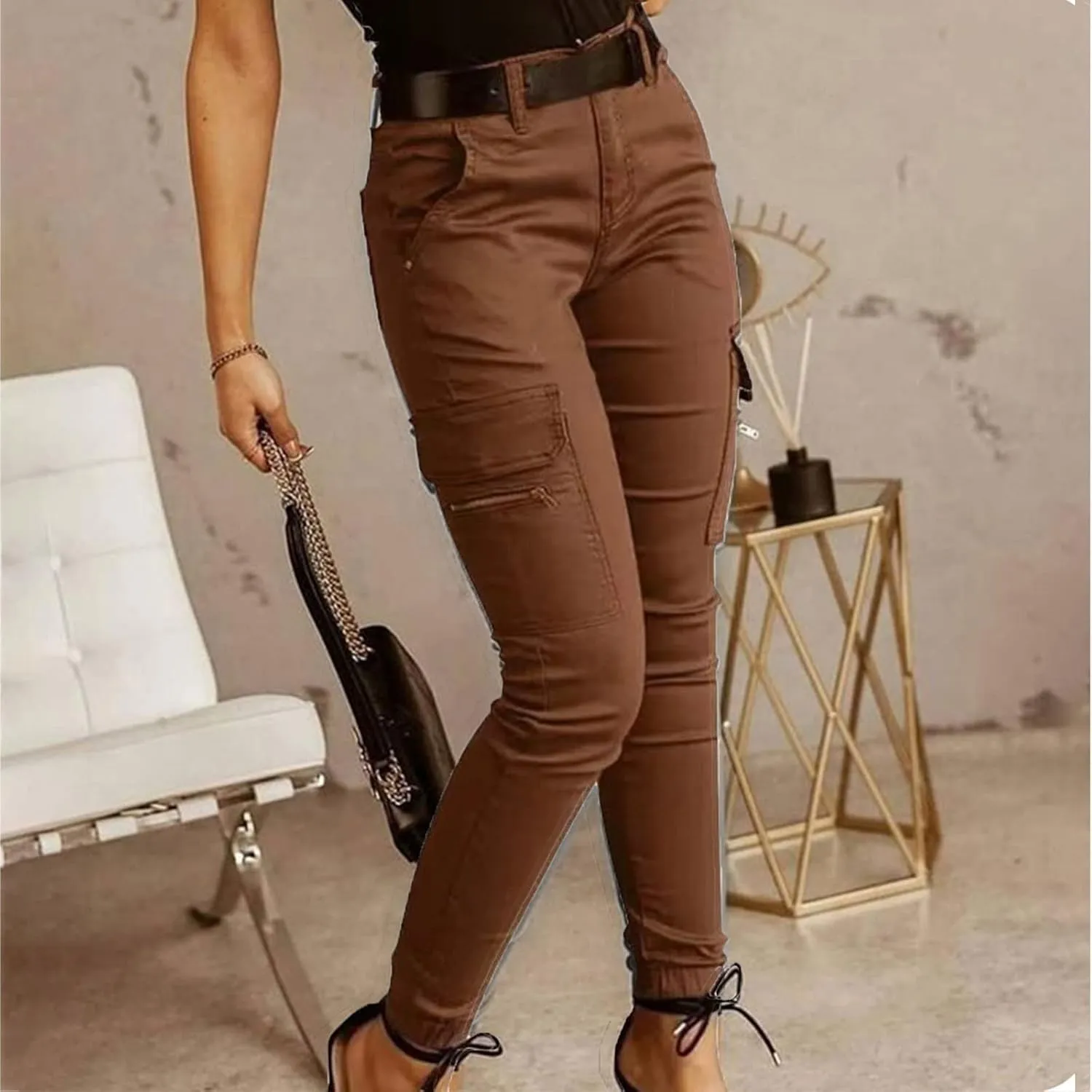 Cargo Leggings with Pockets for Women Casual Skinny Pockets High Waist Pants Stretch Bound Feet Ripstop Cargo Trouser