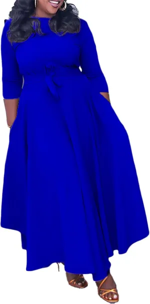 Casual Floral Print Plus Size Maxi Dress for Women 3/4 Sleeve High Waist Flowy Ruffle Fall Dresses with Belt