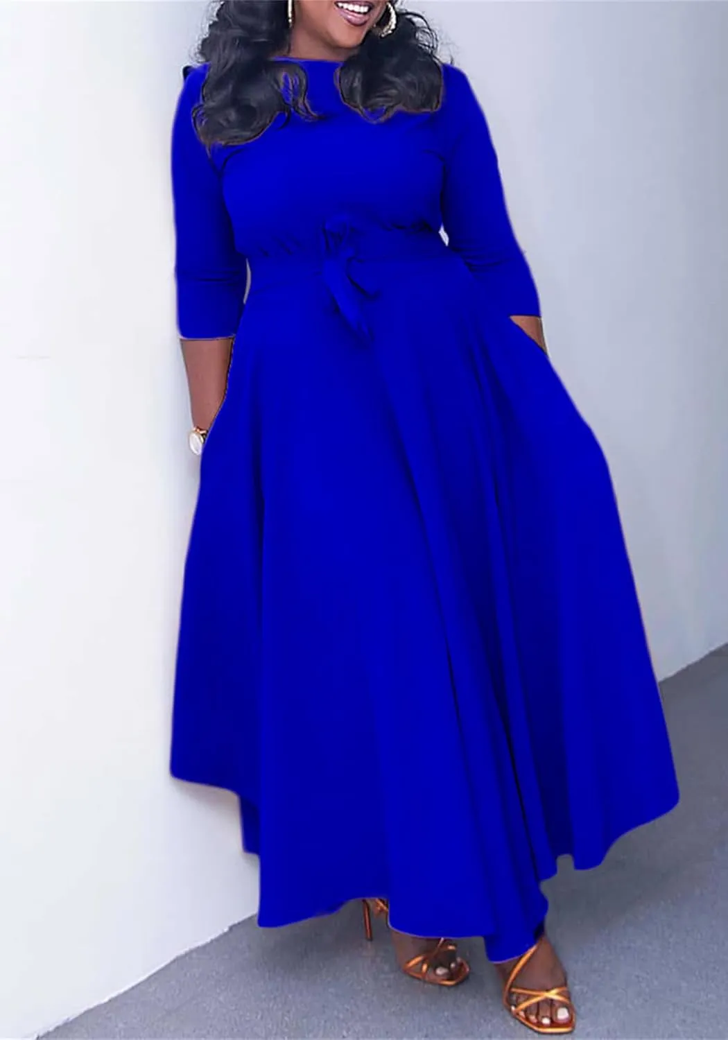 Casual Floral Print Plus Size Maxi Dress for Women 3/4 Sleeve High Waist Flowy Ruffle Fall Dresses with Belt