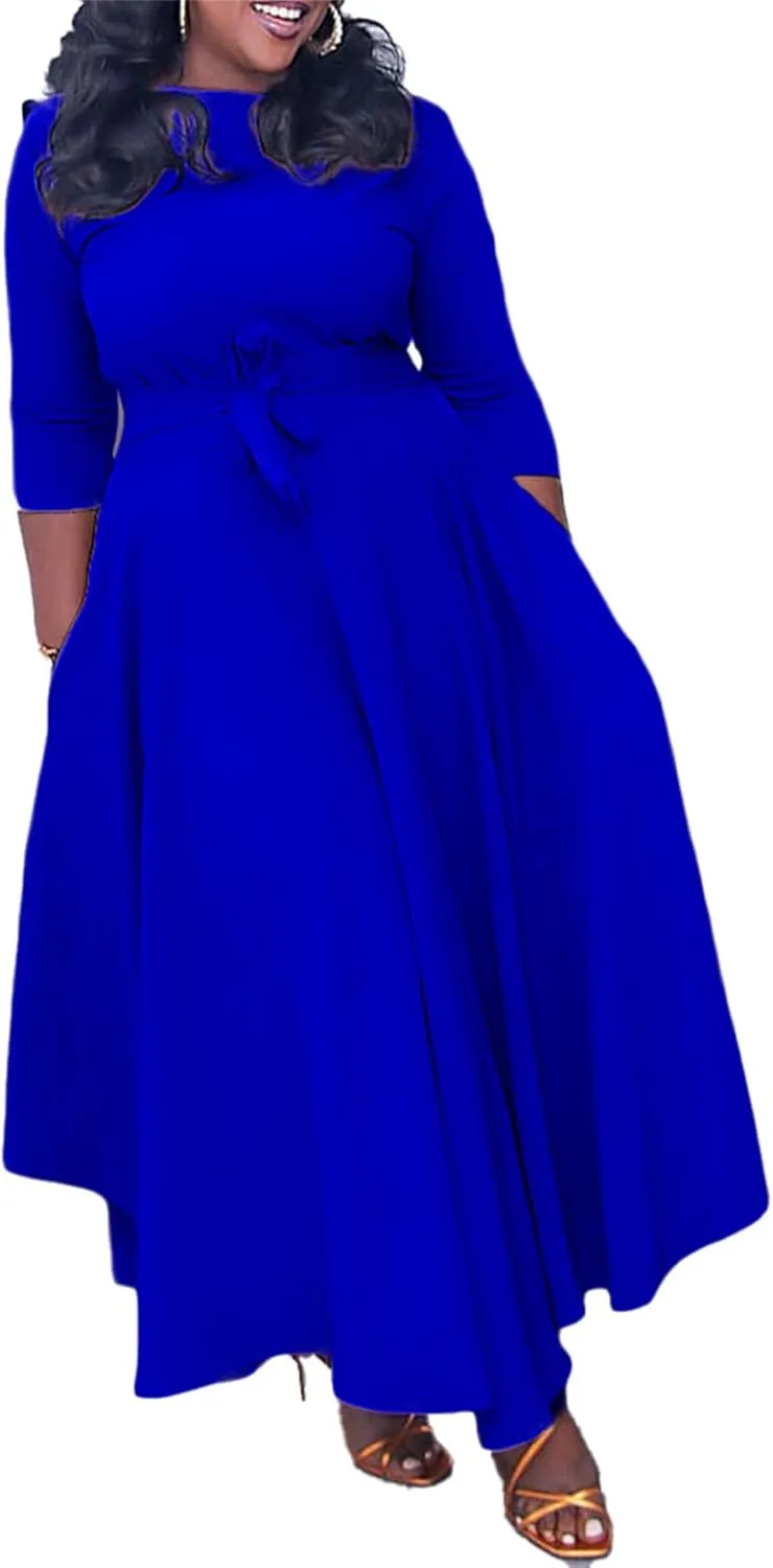 Casual Floral Print Plus Size Maxi Dress for Women 3/4 Sleeve High Waist Flowy Ruffle Fall Dresses with Belt