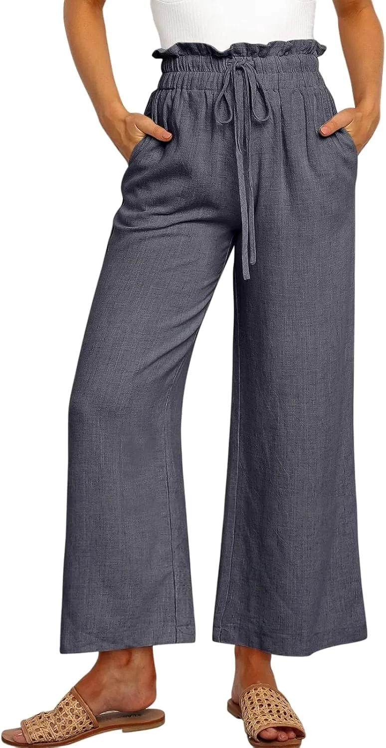 Casual Linen Pants Women Summer Loose Wide Leg Pants Drawstring Elastic Waisted Palazzo Harem Trousers with Pockets
