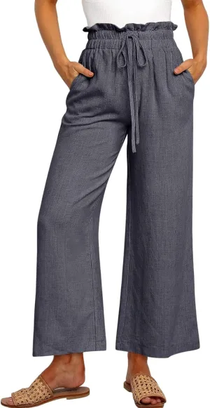 Casual Linen Pants Women Summer Loose Wide Leg Pants Drawstring Elastic Waisted Palazzo Harem Trousers with Pockets