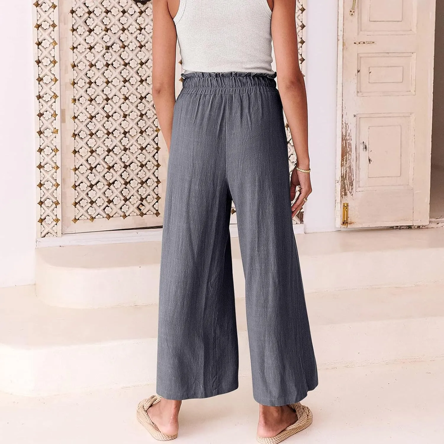 Casual Linen Pants Women Summer Loose Wide Leg Pants Drawstring Elastic Waisted Palazzo Harem Trousers with Pockets