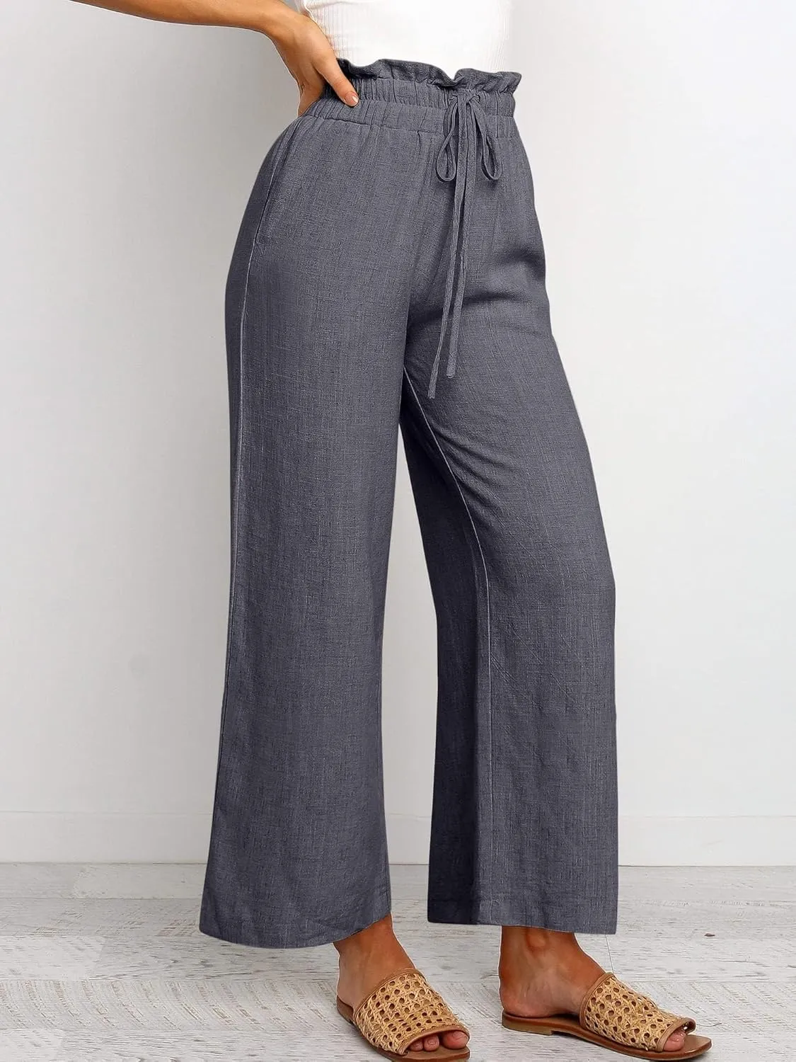 Casual Linen Pants Women Summer Loose Wide Leg Pants Drawstring Elastic Waisted Palazzo Harem Trousers with Pockets