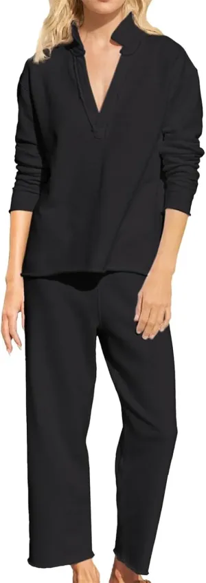 Casual Set for Women V Neck Long Sleeve Pullover Tops Leg Pants Suits Fashion Fall Travel Work Sport Clothes 2 Piece