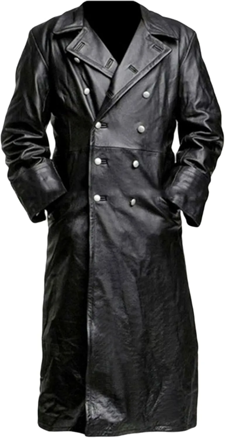 CHARTOU Men's Vintage PU Faux Leather Double Breasted Long Trench Coat Windbreaker