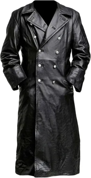 CHARTOU Men's Vintage PU Faux Leather Double Breasted Long Trench Coat Windbreaker