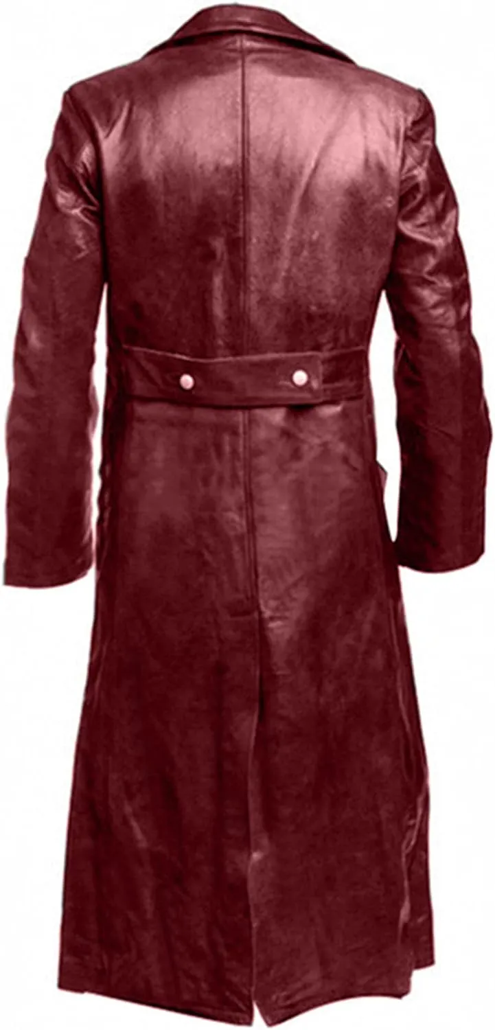 CHARTOU Men's Vintage PU Faux Leather Double Breasted Long Trench Coat Windbreaker