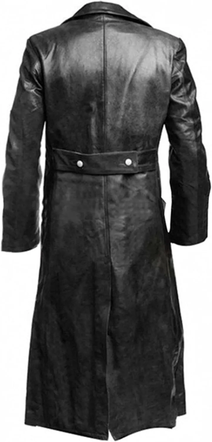 CHARTOU Men's Vintage PU Faux Leather Double Breasted Long Trench Coat Windbreaker