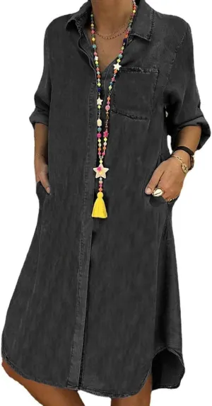CHARTOU Women Long Sleeve Denim Button Up Shirt Dress Midi Jean Dress