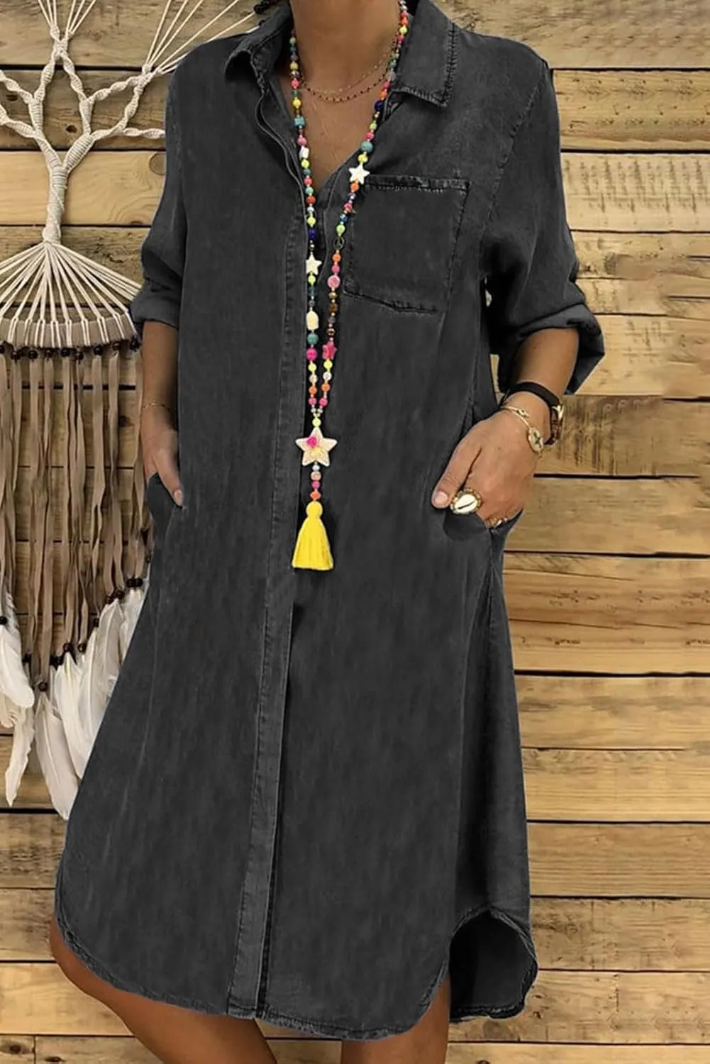 CHARTOU Women Long Sleeve Denim Button Up Shirt Dress Midi Jean Dress