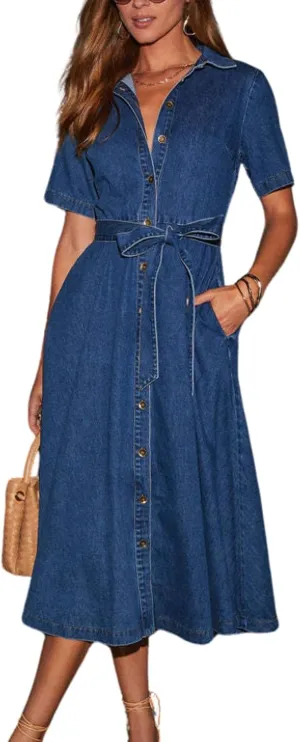 chouyatou Women Summer Belted Button Down Denim Shirt Dress Business Casual Short Sleeve Jean Shirt Dress
