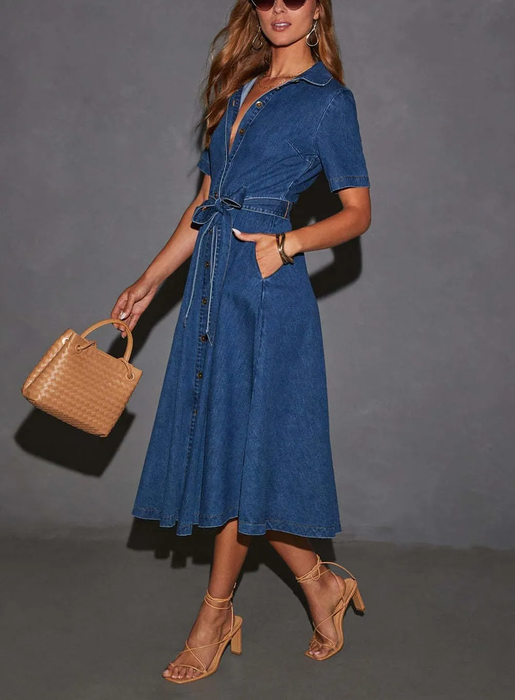 chouyatou Women Summer Belted Button Down Denim Shirt Dress Business Casual Short Sleeve Jean Shirt Dress