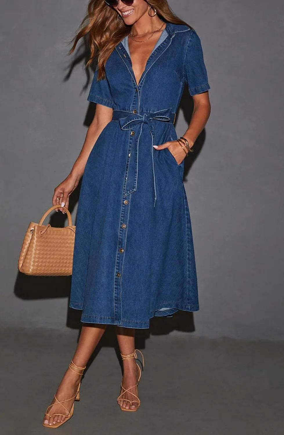 chouyatou Women Summer Belted Button Down Denim Shirt Dress Business Casual Short Sleeve Jean Shirt Dress