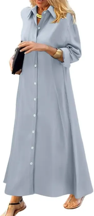chouyatou Women's Casual Button Down Maxi Shirt Dress Long Sleeve Button Up Tunic Long Dress