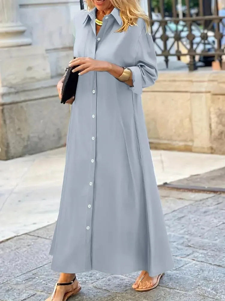 chouyatou Women's Casual Button Down Maxi Shirt Dress Long Sleeve Button Up Tunic Long Dress