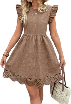 chouyatou Women's Ruffle Flutter Sleeve Hollow Out Eyelet Dress Cotton Linen Babydoll Tunic Mini Dress