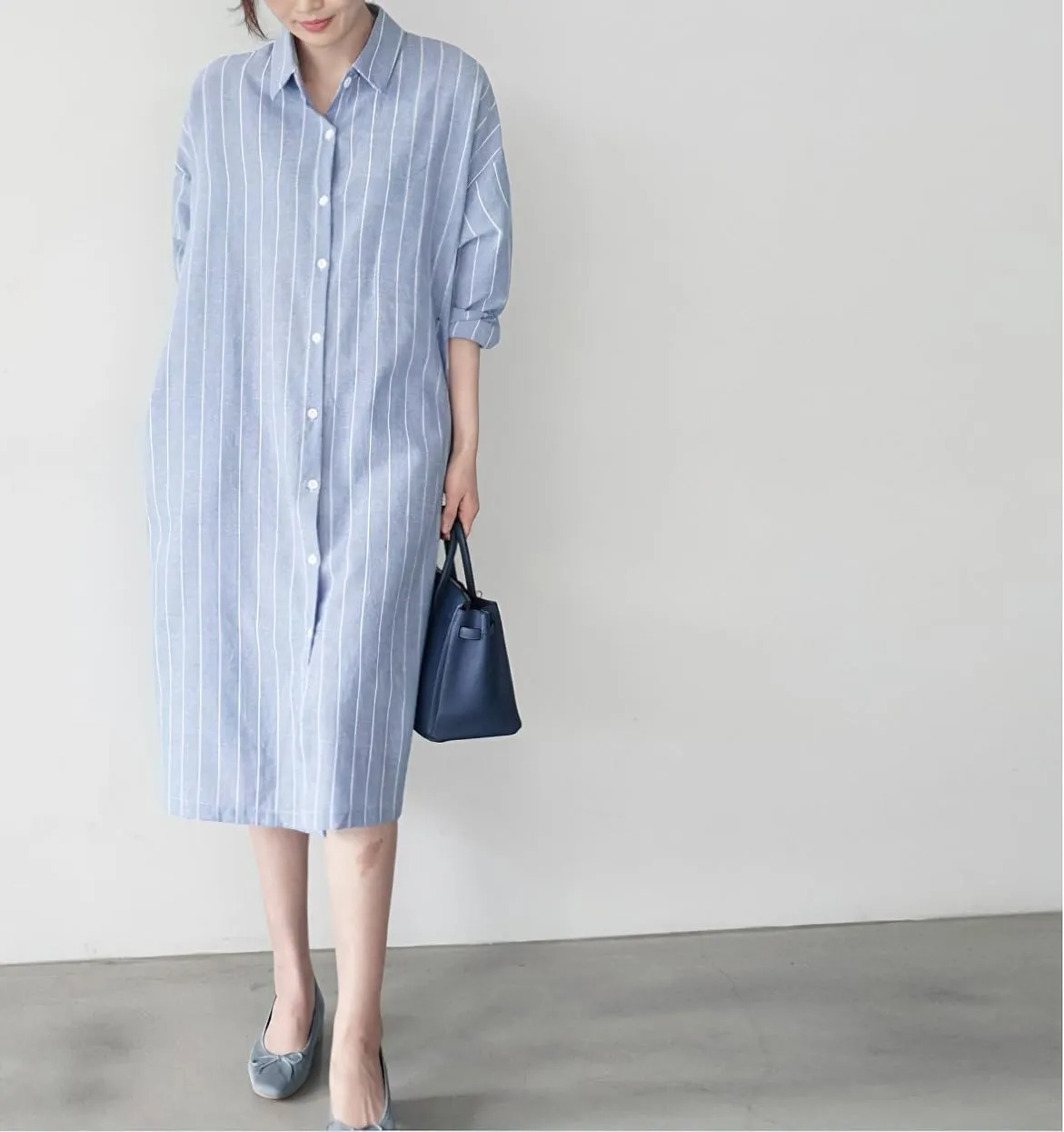 chouyatou Women's Striped Printed Cotton Shirt Dress Long Sleeve Lapel Loose Midi Shift Dress with Pocket