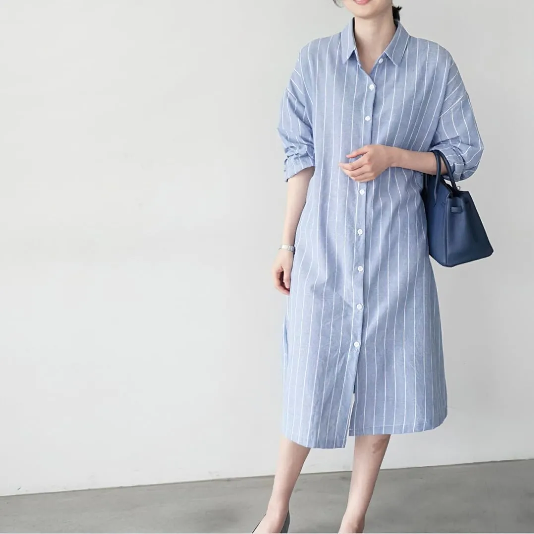 chouyatou Women's Striped Printed Cotton Shirt Dress Long Sleeve Lapel Loose Midi Shift Dress with Pocket