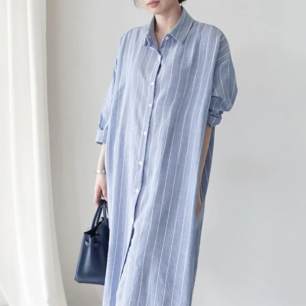 chouyatou Women's Striped Printed Cotton Shirt Dress Long Sleeve Lapel Loose Midi Shift Dress with Pocket