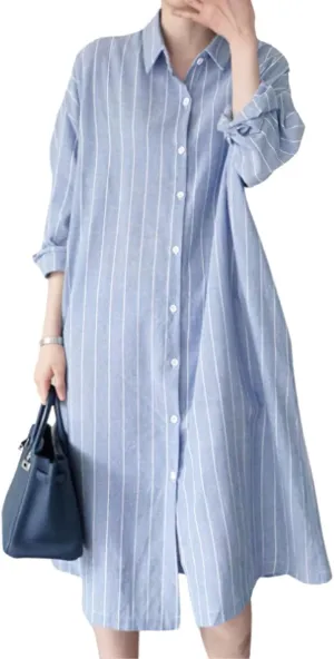 chouyatou Women's Striped Printed Cotton Shirt Dress Long Sleeve Lapel Loose Midi Shift Dress with Pocket