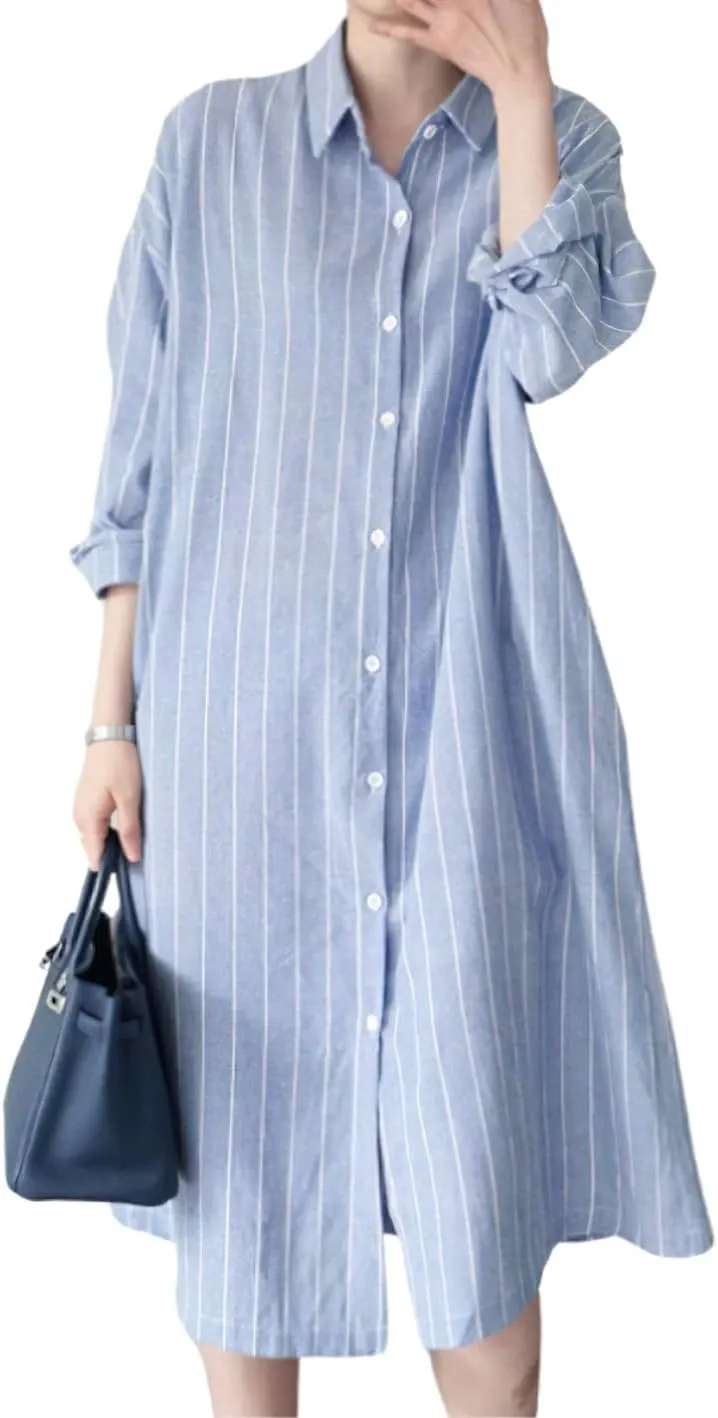 chouyatou Women's Striped Printed Cotton Shirt Dress Long Sleeve Lapel Loose Midi Shift Dress with Pocket
