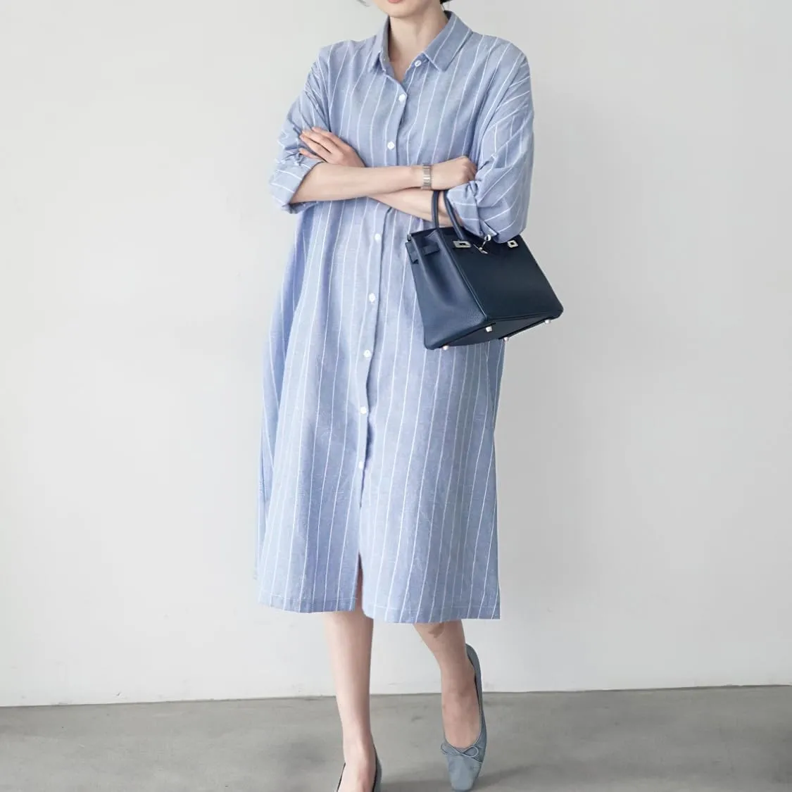 chouyatou Women's Striped Printed Cotton Shirt Dress Long Sleeve Lapel Loose Midi Shift Dress with Pocket