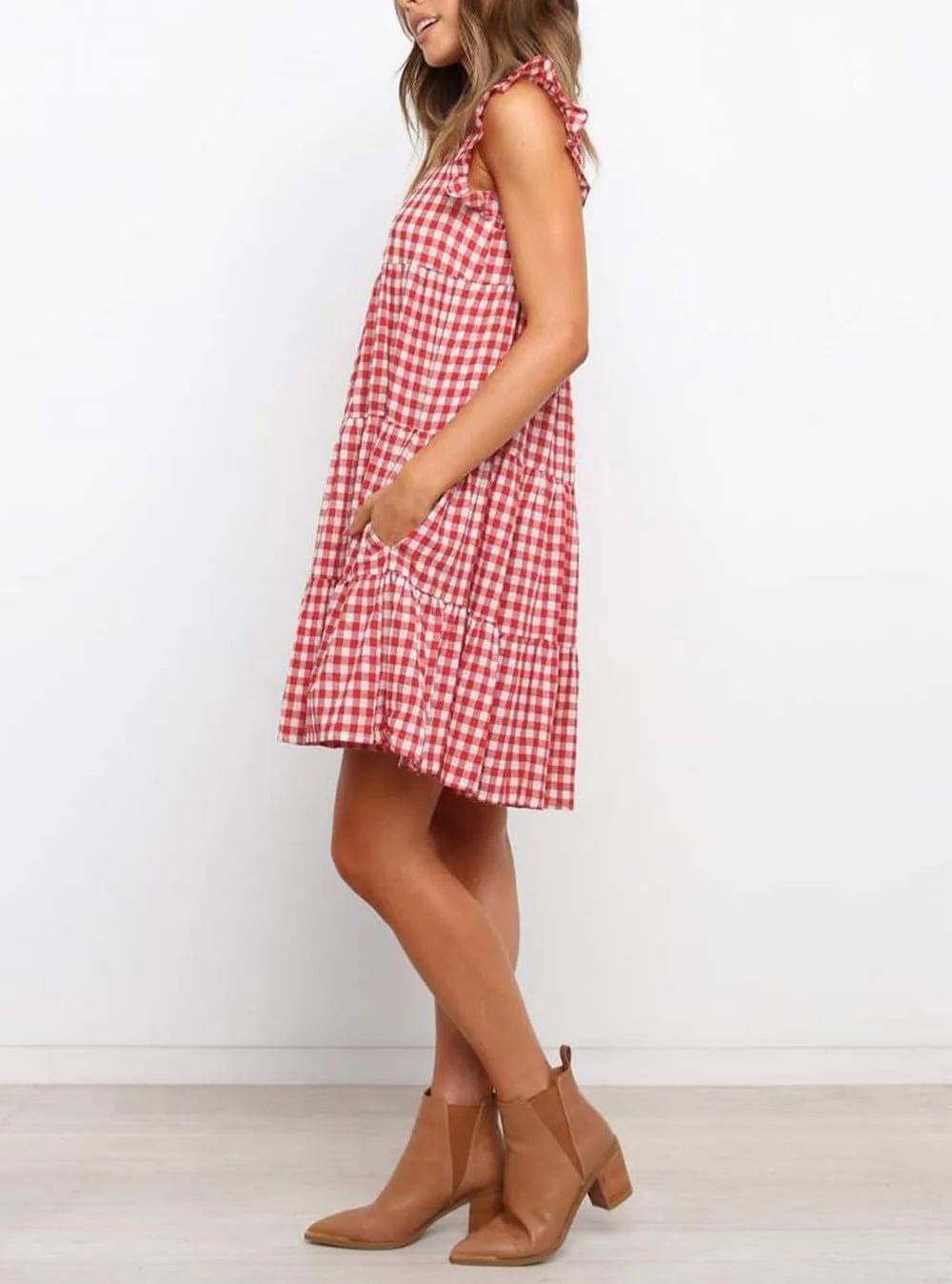chouyatou Women's Summer Ruffle Puff Sleeve Babydoll Dress Cute Gingham Plaid Printed Tiered Midi Dress